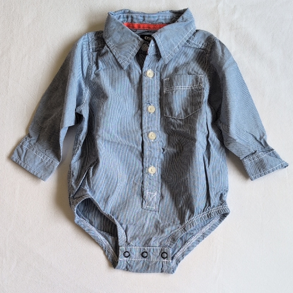 oshkosh b'gosh striped button down collared bodysuit blue cotton 12 months baby